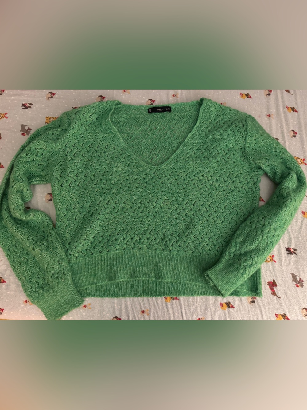 Mango Light Green V-Neck Openwork Knit Sweater